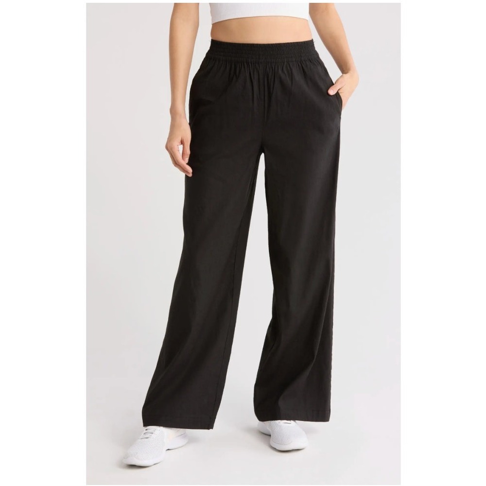 Sweaty Betty Black Stretch Wide Leg Linen Blend Pants Relaxed Fit Smocked Waist